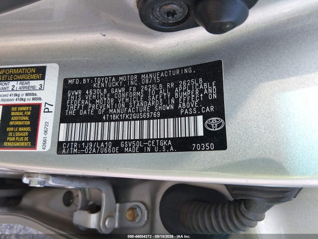 46004372 :رقم المزاد ، 4T1BK1FK2GU569769 vin ، 2016 Toyota Camry Xle V6 مزاد بيع