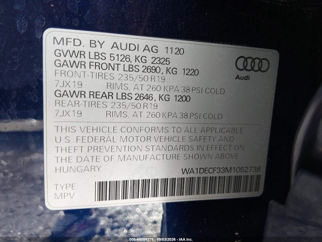 Продажа на аукционе авто 2021 Audi Q3 Premium 45 Tfsi S Line Quattro Tiptronic, vin: WA1DECF33M1052738, номер лота: 46004378