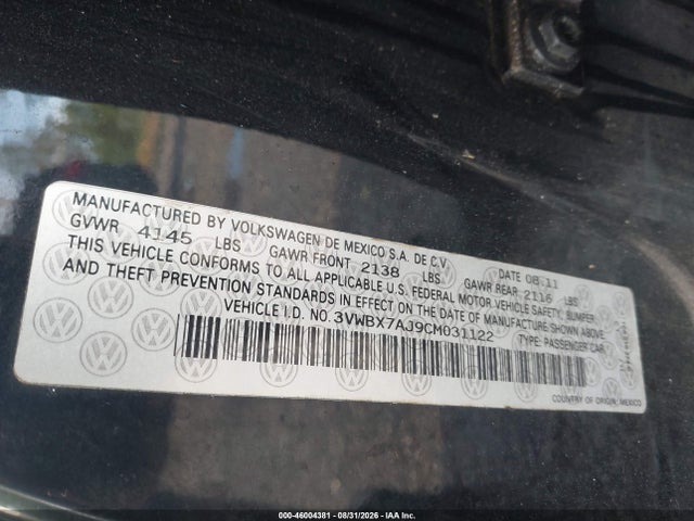 2012 Volkswagen Jetta 2.5l Se მანქანა იყიდება აუქციონზე, vin: 3VWBX7AJ9CM031122, აუქციონის ნომერი: 46004381