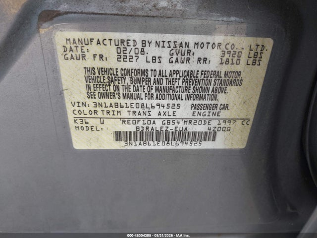 Aukcja sprzedaży 2008 Nissan Sentra 2.0s, vin: 3N1AB61E08L694525, numer aukcji: 46004385