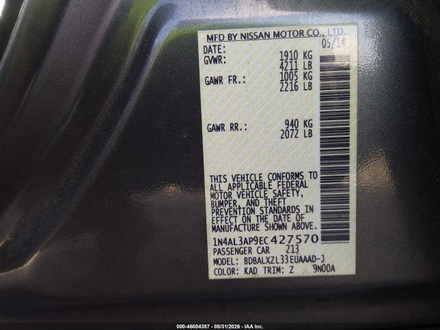 Aukcja sprzedaży 2014 Nissan Altima 2.5 Sl, vin: 1N4AL3AP9EC427570, numer aukcji: 46004387