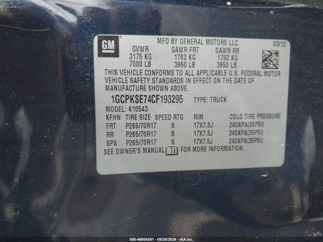 Aukcja sprzedaży 2012 Chevrolet Silverado 1500 Lt, vin: 1GCPKSE74CF193295, numer aukcji: 46004391