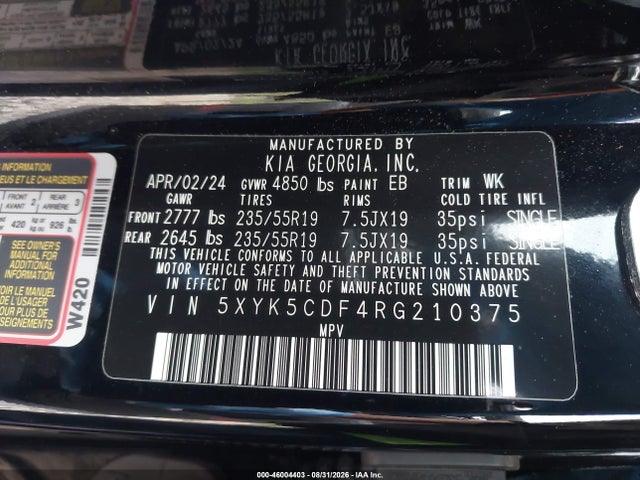 46004403 :رقم المزاد ، 5XYK5CDF4RG210375 vin ، 2024 Kia Sportage Sx-prestige مزاد بيع