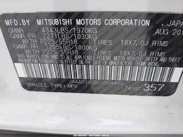 Продаж на аукціоні авто 2020 Mitsubishi Outlander Sport 2.0 Es Awc, vin: JA4AR3AU2LU004460, номер лоту: 46004407