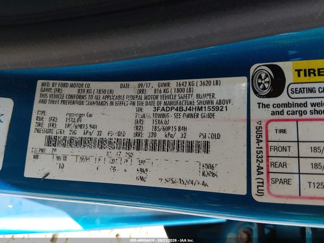 2017 Ford Fiesta Se მანქანა იყიდება აუქციონზე, vin: 3FADP4BJ4HM155921, აუქციონის ნომერი: 46004410