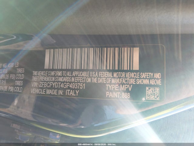 46004414 :رقم المزاد ، ZFBCFYDT4GP493751 vin ، 2016 Fiat 500x Lounge مزاد بيع