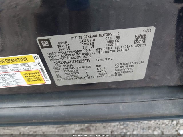 46004426 :رقم المزاد ، 1GKKVRKD2FJ228975 vin ، 2015 Gmc Acadia Slt-1 مزاد بيع