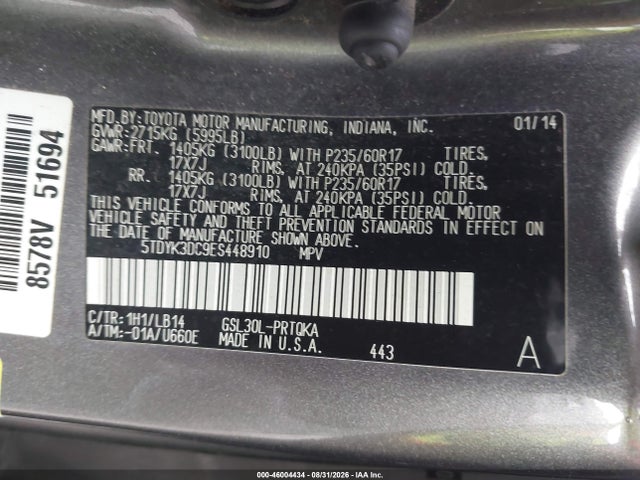 Aukcja sprzedaży 2014 Toyota Sienna Xle V6 8 Passenger, vin: 5TDYK3DC9ES448910, numer aukcji: 46004434