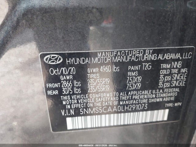 Продажа на аукционе авто 2020 Hyundai Santa Fe Limited 2.0t, vin: 5NMS5CAA0LH291073, номер лота: 46004438