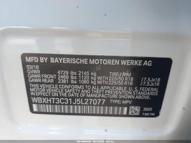 46004443 :رقم المزاد ، WBXHT3C31J5L27077 vin ، 2018 Bmw X1 Xdrive28i مزاد بيع