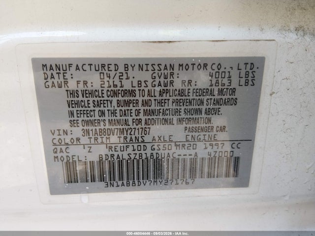Продажа на аукционе авто 2021 Nissan Sentra Sr Xtronic Cvt, vin: 3N1AB8DV7MY271767, номер лота: 46004446