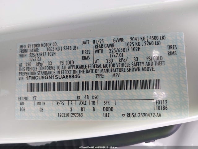 Продажа на аукционе авто 2025 Ford Escape Active, vin: 1FMCU9GN1SUA66846, номер лота: 46004447