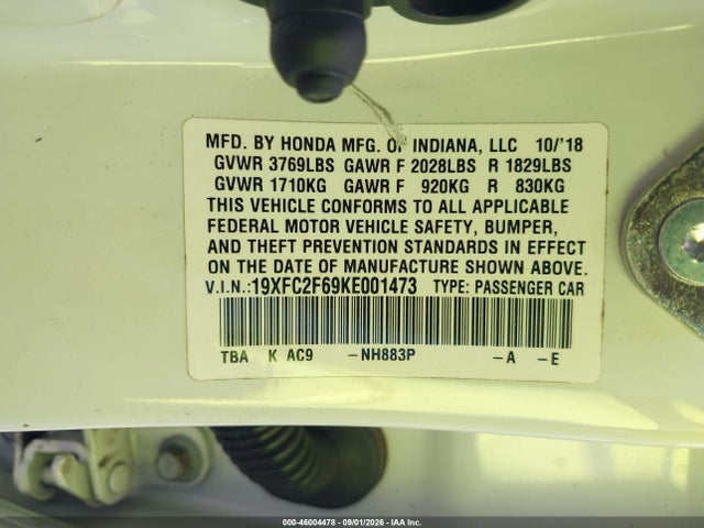 Aukcja sprzedaży 2019 Honda Civic Lx, vin: 19XFC2F69KE001473, numer aukcji: 46004478