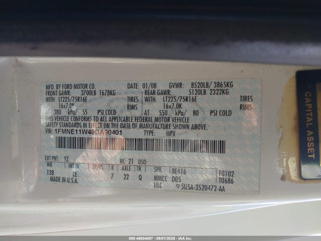 46004497 :رقم المزاد ، 1FMNE11W48DA90401 vin ، 2008 Ford E-150 Xl مزاد بيع
