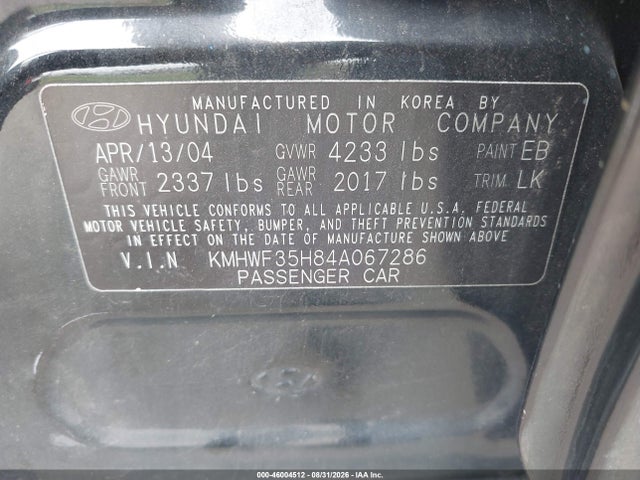 Продаж на аукціоні авто 2004 Hyundai Sonata Gls/lx, vin: KMHWF35H84A067286, номер лоту: 46004512