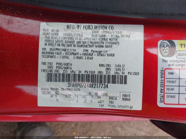 Продаж на аукціоні авто 2008 Ford Fusion Se, vin: 3FAHP07Z48R217734, номер лоту: 46004517