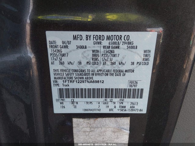 Aukcja sprzedaży 2007 Ford F-150 Stx/xl/xlt, vin: 1FTRF12297NA69812, numer aukcji: 46004519