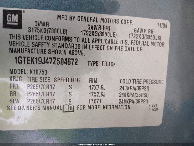 Aukcja sprzedaży 2007 Gmc Sierra 1500 Sle1, vin: 1GTEK19J47Z504672, numer aukcji: 46004525