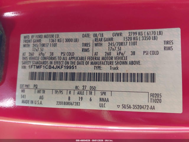 46004526 :رقم المزاد ، 1FTMF1CB4JKF19951 vin ، 2018 Ford F-150 Xl مزاد بيع