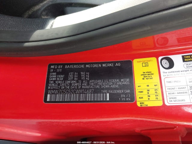 2012 Mini Cooper S Countryman მანქანა იყიდება აუქციონზე, vin: WMWZC5C52CWM14687, აუქციონის ნომერი: 46004527