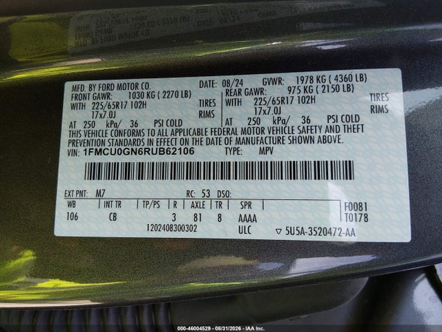 Продажа на аукционе авто 2024 Ford Escape Active, vin: 1FMCU0GN6RUB62106, номер лота: 46004529