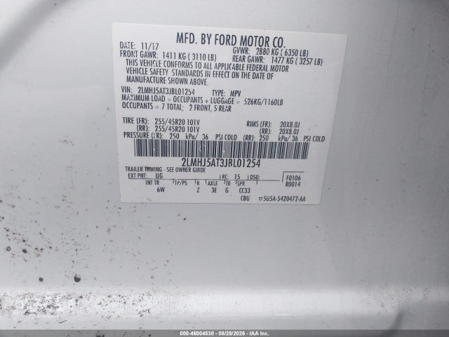 46004530 :رقم المزاد ، 2LMHJ5AT3JBL01254 vin ، 2018 Lincoln Mkt Reserve مزاد بيع