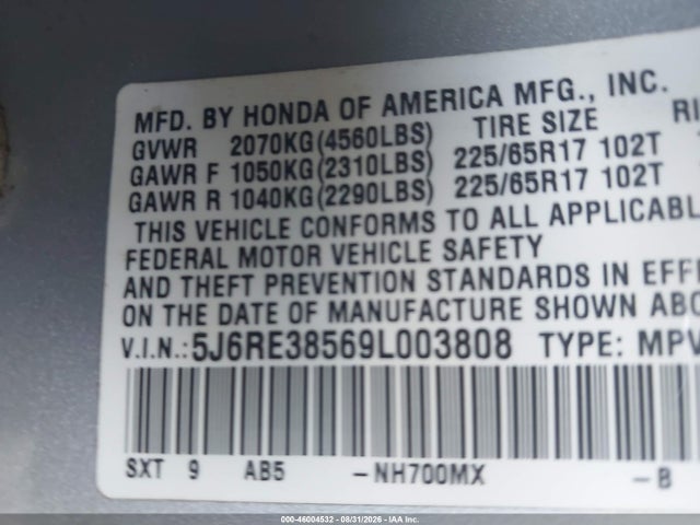 46004532 :رقم المزاد ، 5J6RE38569L003808 vin ، 2009 Honda Cr-v Ex مزاد بيع