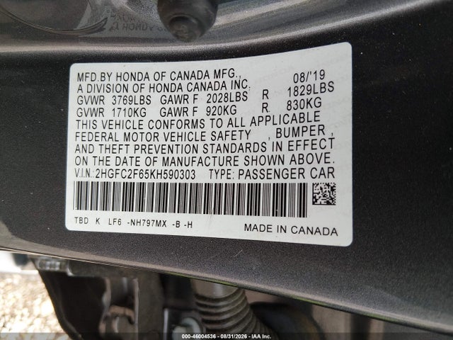 Aukcja sprzedaży 2019 Honda Civic Lx, vin: 2HGFC2F65KH590303, numer aukcji: 46004536