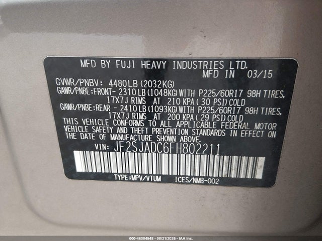2015 Subaru Forester 2.5i Premium მანქანა იყიდება აუქციონზე, vin: JF2SJADC6FH802211, აუქციონის ნომერი: 46004548