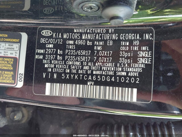 Продаж на аукціоні авто 2013 Kia Sorento Lx, vin: 5XYKTCA65DG410202, номер лоту: 46004553