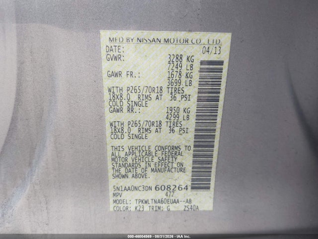 Aukcja sprzedaży 2013 Nissan Armada Sv, vin: 5N1AA0NC3DN608264, numer aukcji: 46004569