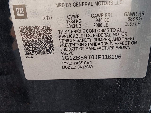 46004580 :رقم المزاد ، 1G1ZB5ST0JF116196 vin ، 2018 Chevrolet Malibu 1ls مزاد بيع