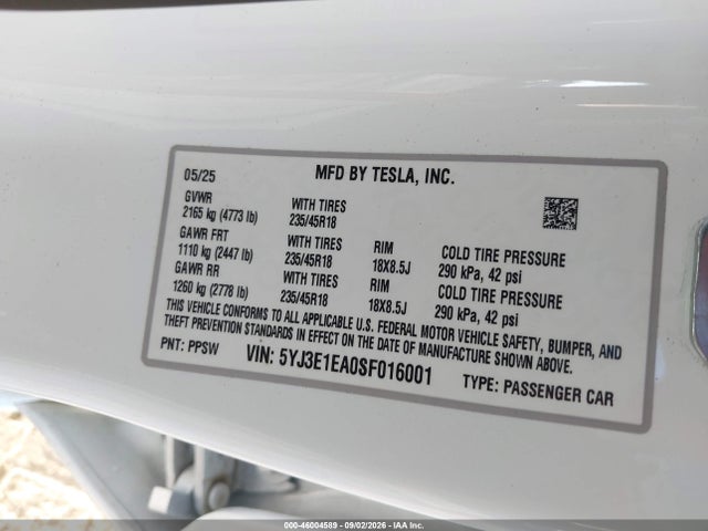 Продажа на аукционе авто 2025 Tesla Model 3 Long Range Rear-wheel Drive/standard Rear-wheel Drive, vin: 5YJ3E1EA0SF016001, номер лота: 46004589