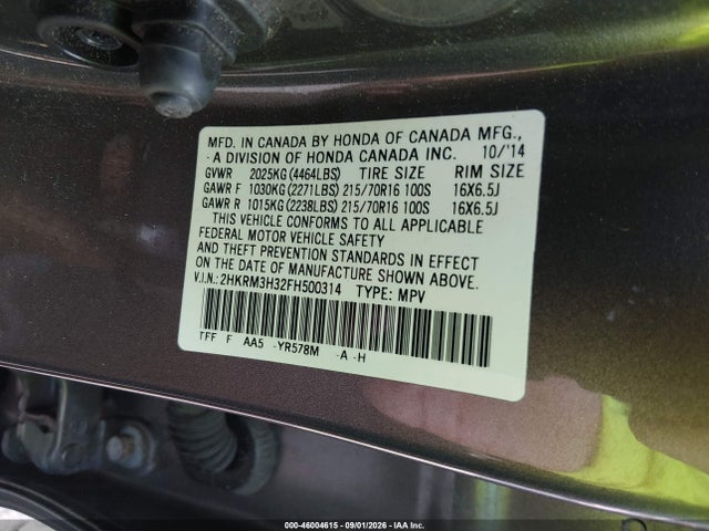 46004615 :رقم المزاد ، 2HKRM3H32FH500314 vin ، 2015 Honda Cr-v Lx مزاد بيع