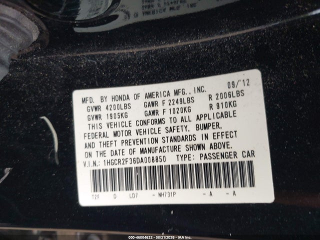 Aukcja sprzedaży 2013 Honda Accord Lx, vin: 1HGCR2F36DA008850, numer aukcji: 46004632