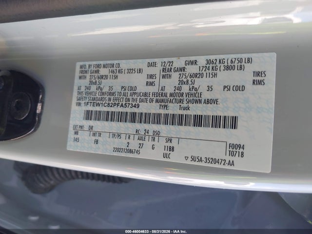 46004633 :رقم المزاد ، 1FTEW1C82PFA57349 vin ، 2023 Ford F-150 Xlt مزاد بيع