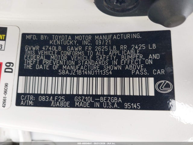Продаж на аукціоні авто 2022 Lexus Es 350 F Sport, vin: 58AJZ1B14NU111354, номер лоту: 46004641