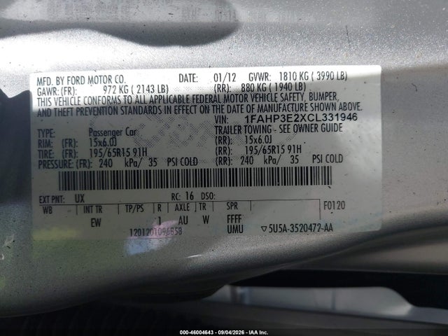 46004643 :رقم المزاد ، 1FAHP3E2XCL331946 vin ، 2012 Ford Focus S مزاد بيع