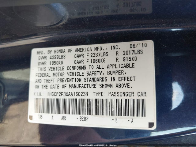 46004669 :رقم المزاد ، 1HGCP2F34AA160238 vin ، 2010 Honda Accord 2.4 Lx مزاد بيع