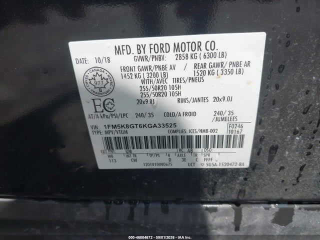 2019 Ford Explorer Sport მანქანა იყიდება აუქციონზე, vin: 1FM5K8GT6KGA33525, აუქციონის ნომერი: 46004672