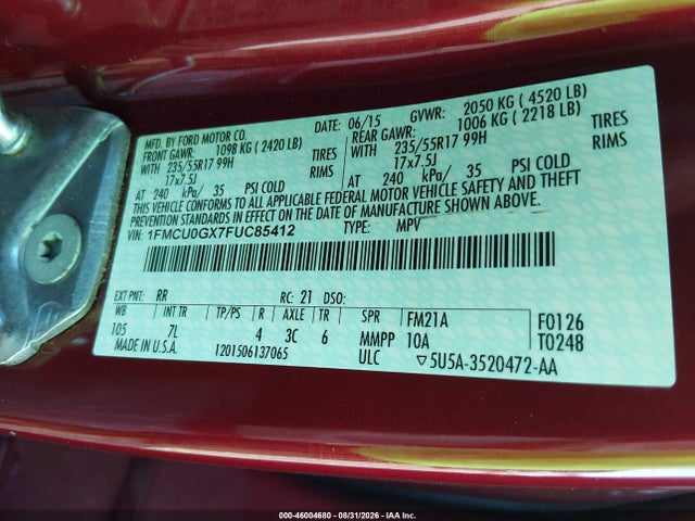 46004680 :رقم المزاد ، 1FMCU0GX7FUC85412 vin ، 2015 Ford Escape Se مزاد بيع