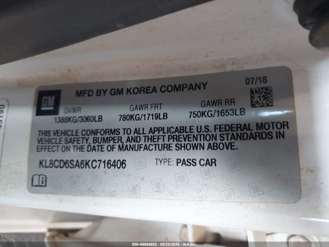 2019 Chevrolet Spark 1lt Cvt მანქანა იყიდება აუქციონზე, vin: KL8CD6SA6KC716406, აუქციონის ნომერი: 46004682