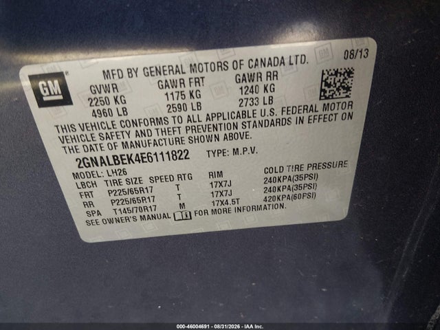46004691 :رقم المزاد ، 2GNALBEK4E6111822 vin ، 2014 Chevrolet Equinox 1lt مزاد بيع
