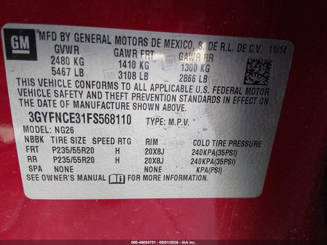 46004701 :رقم المزاد ، 3GYFNCE31FS568110 vin ، 2015 Cadillac Srx Performance Collection مزاد بيع