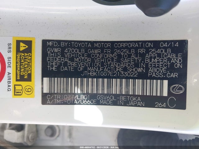 Aukcja sprzedaży 2014 Lexus Es 350, vin: JTHBK1GG7E2133022, numer aukcji: 46004702