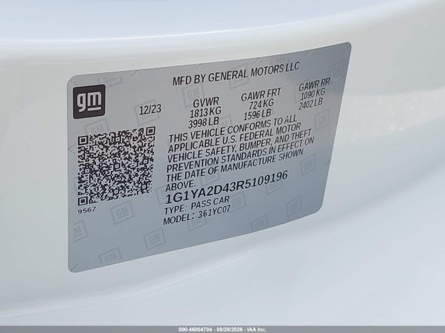 46004704 :رقم المزاد ، 1G1YA2D43R5109196 vin ، 2024 Chevrolet Corvette Stingray Rwd  1lt مزاد بيع