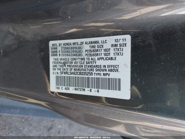 Продаж на аукціоні авто 2012 Honda Odyssey Ex-l, vin: 5FNRL5H62CB035259, номер лоту: 46004716