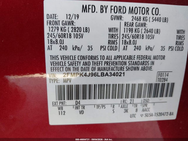 Aukcja sprzedaży 2020 Ford Edge Sel, vin: 2FMPK4J96LBA34021, numer aukcji: 46004721