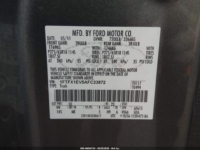 Продажа на аукционе авто 2010 Ford F-150 Fx4/lariat/xl/xlt, vin: 1FTFX1EV5AFC33872, номер лота: 46004724