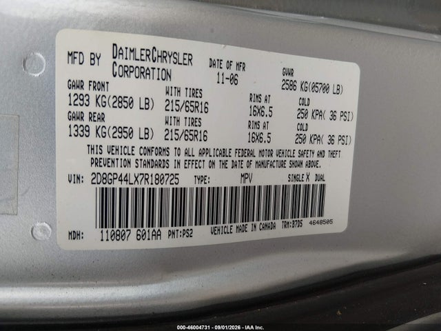 2007 Dodge Grand Caravan Sxt მანქანა იყიდება აუქციონზე, vin: 2D8GP44LX7R180725, აუქციონის ნომერი: 46004731